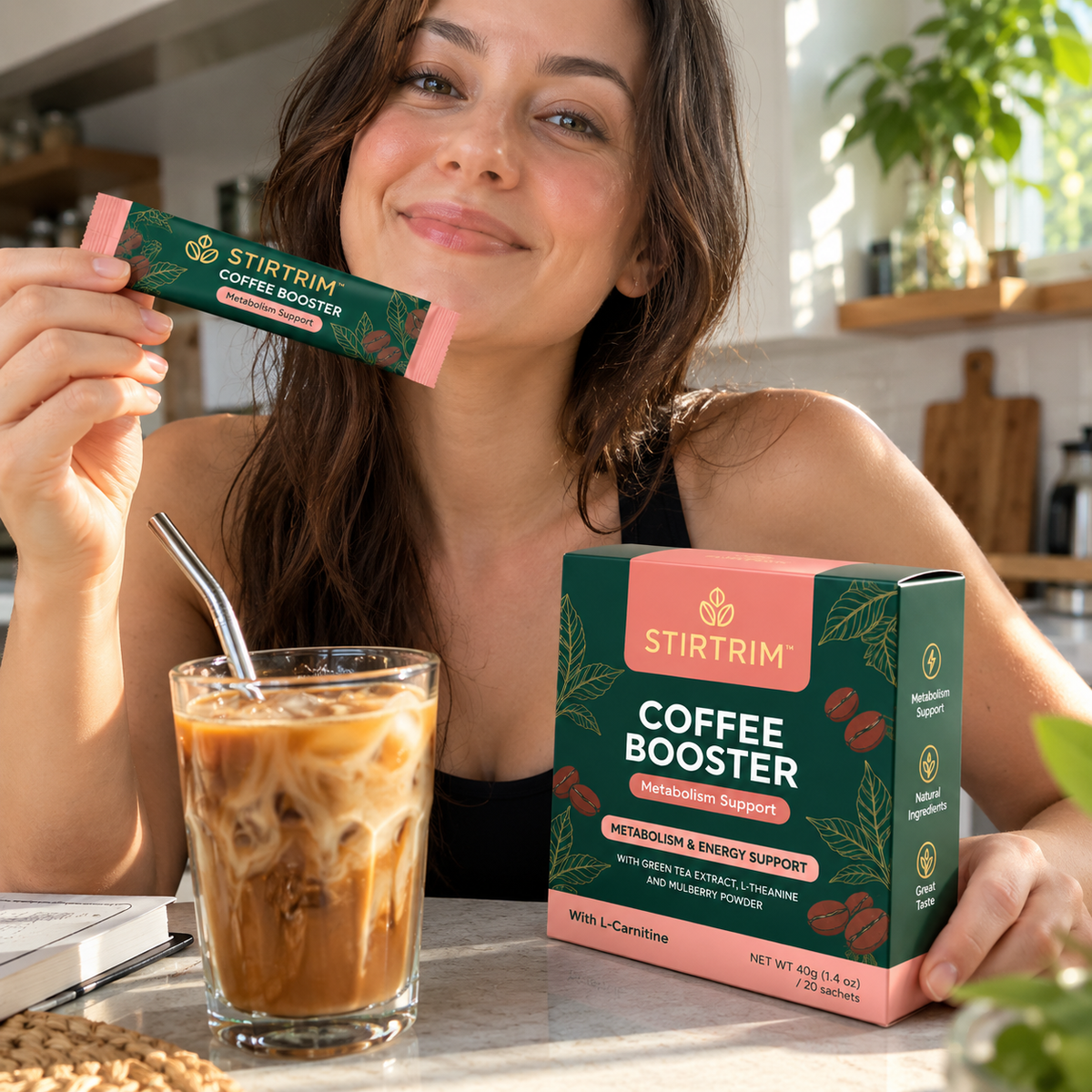 Woman holding a STIRTRIM sachet next to an iced coffee