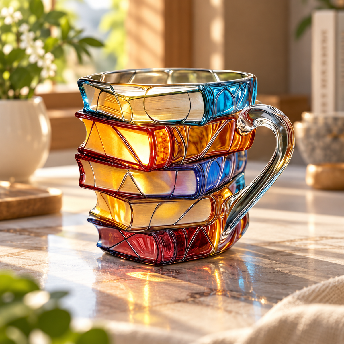 STORYSTEEP stacked books glass mug on a kitchen counter