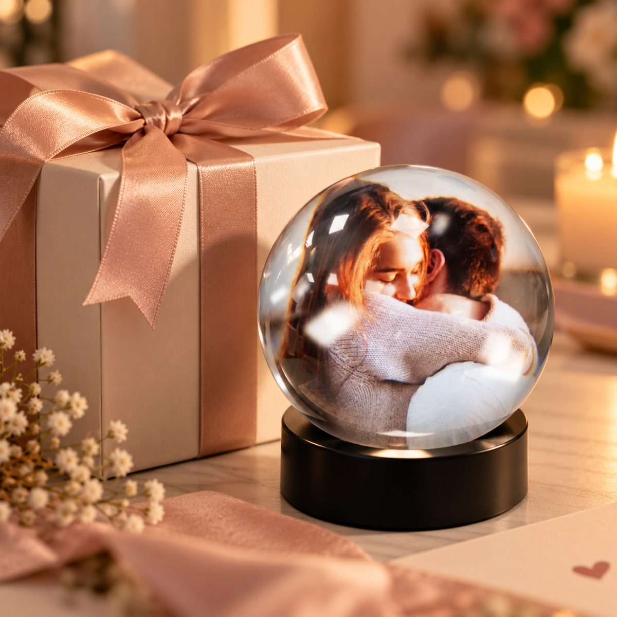HEARTSPHERE orb beside a gift box with a ribbon