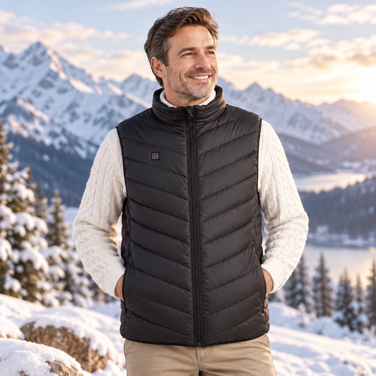 Man wearing a LABRIGO heated vest in the mountains