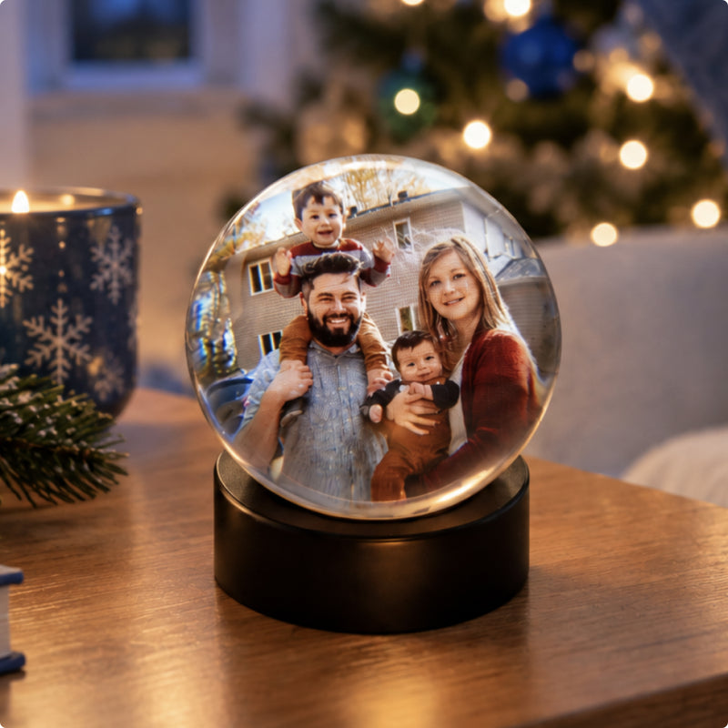 HeartSphere 3D memory orb with a family photo glowing on a walnut base