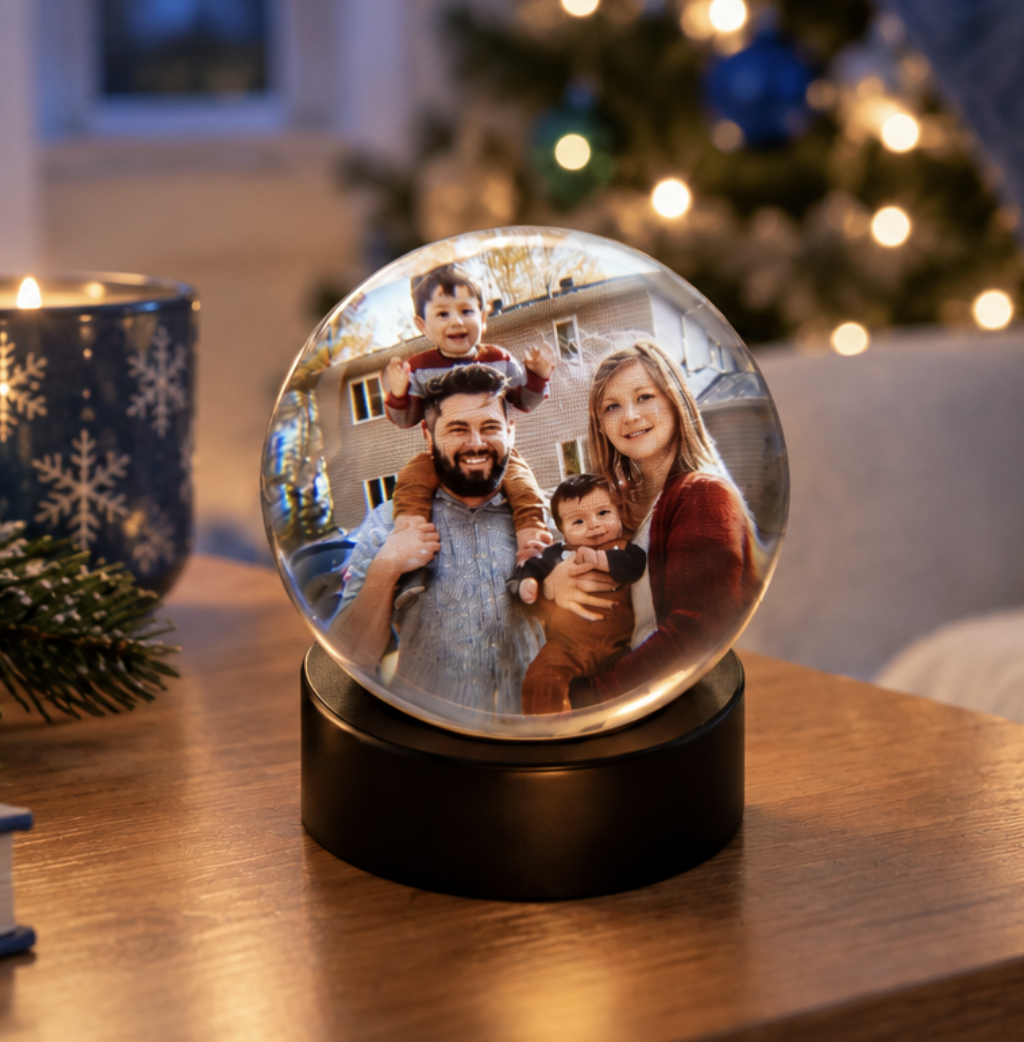 HEARTSPHERE 3D memory orb glowing with a family portrait on a walnut base