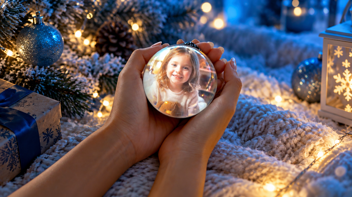 Hands holding a HEARTSPHERE orb with a child's portrait beside festive lights
